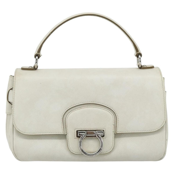 Salvatore Ferragamo Gancini Hand Bag Leather White Silver Auth 177310A