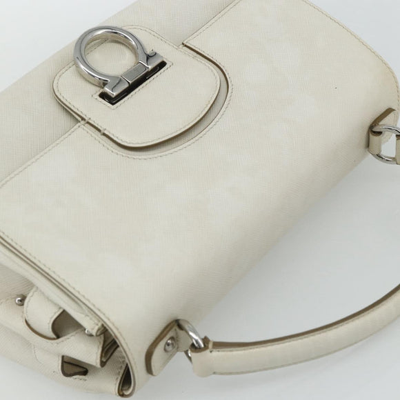 Salvatore Ferragamo Gancini Hand Bag Leather White Silver Auth 177310A