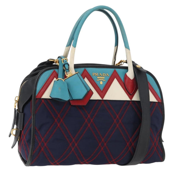 PRADA Graphic Quilt Hand Bag Leather Nylon 2way Navy Gold Auth 177317A