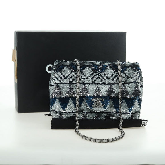 CHANEL Matelasse Chain Shoulder Bag Sequin Gray Silver CC Auth 177320SM