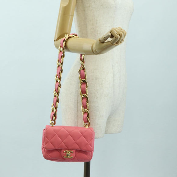 CHANEL Matelasse Chain Shoulder Bag Lamb Skin Pink Gold CC Auth 177321SAM
