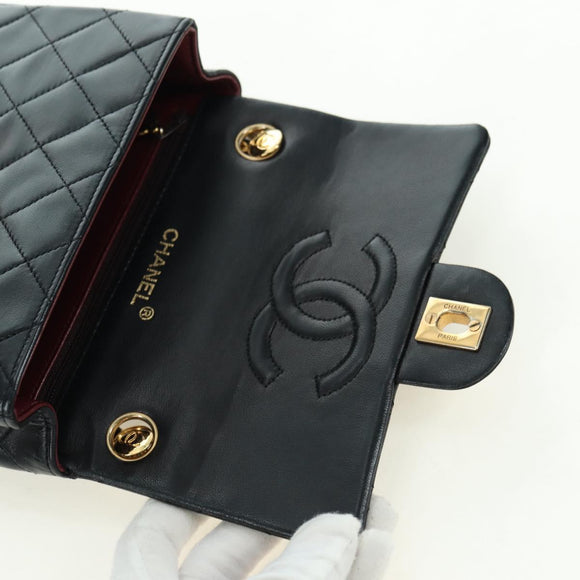 CHANEL Matelasse Chain Hand Bag Lamb Skin Black Gold CC Auth 177323SM