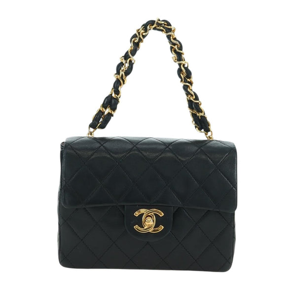 CHANEL Matelasse Chain Hand Bag Lamb Skin Black Gold CC Auth 177323SM