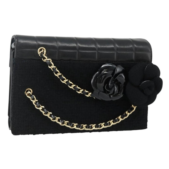 CHANEL Choco Bar Camelia Clutch Bag Lamb Skin Black Gold CC Auth 177325A