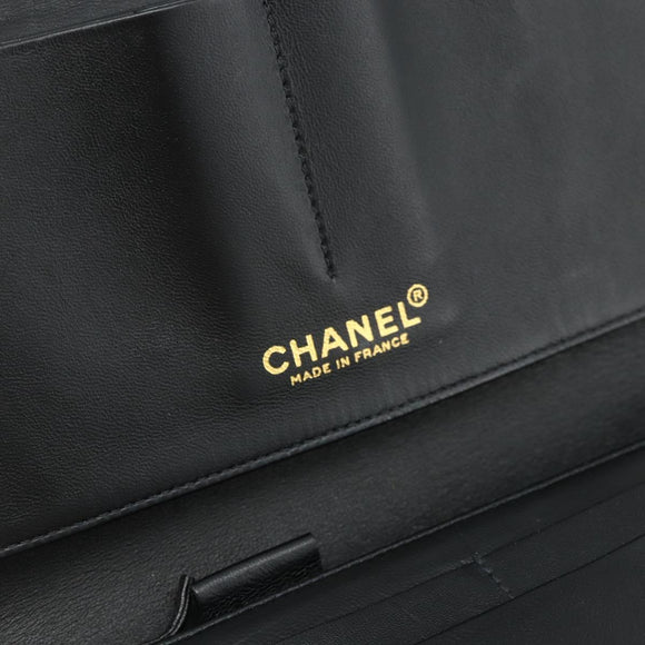 CHANEL Choco Bar Camelia Clutch Bag Lamb Skin Black Gold CC Auth 177325A