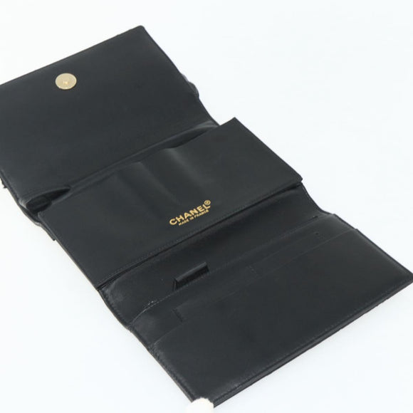 CHANEL Choco Bar Camelia Clutch Bag Lamb Skin Black Gold CC Auth 177325A