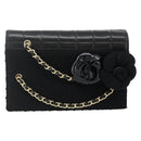 CHANEL Choco Bar Camelia Clutch Bag Lamb Skin Black Gold CC Auth 177325A-2