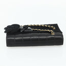 CHANEL Choco Bar Camelia Clutch Bag Lamb Skin Black Gold CC Auth 177325A-6
