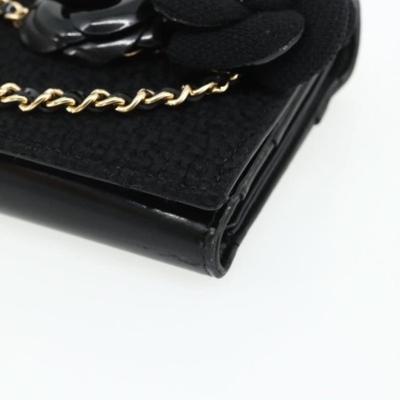 CHANEL Choco Bar Camelia Clutch Bag Lamb Skin Black Gold CC Auth 177325A