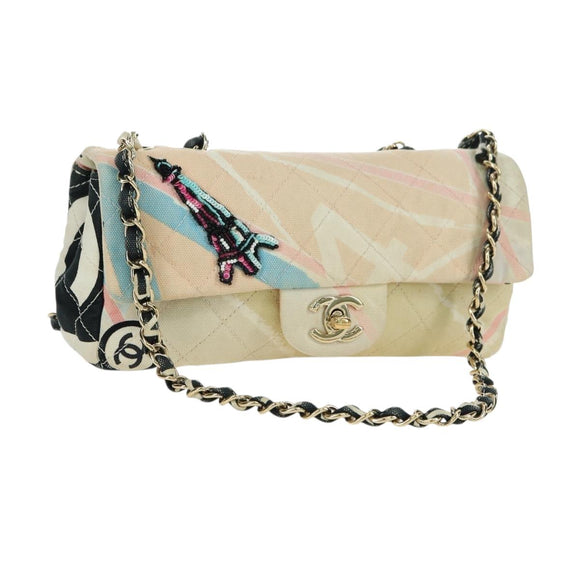 CHANEL Matelasse Chain Shoulder Bag Canvas Beige Gold CC Auth 177326SV