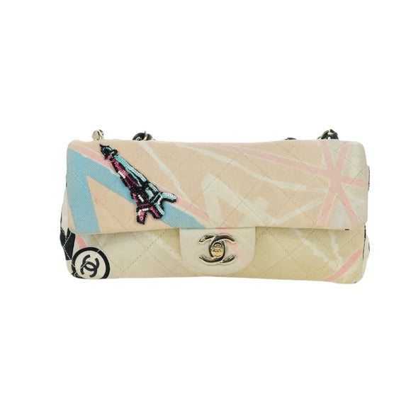 CHANEL Matelasse Chain Shoulder Bag Canvas Beige Gold CC Auth 177326SV