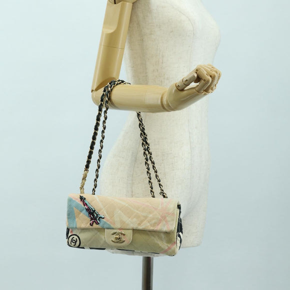 CHANEL Matelasse Chain Shoulder Bag Canvas Beige Gold CC Auth 177326SV