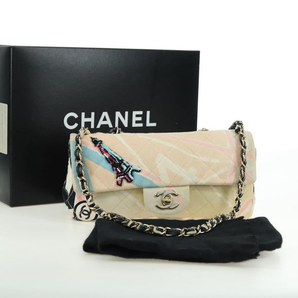 CHANEL Matelasse Chain Shoulder Bag Canvas Beige Gold CC Auth 177326SV