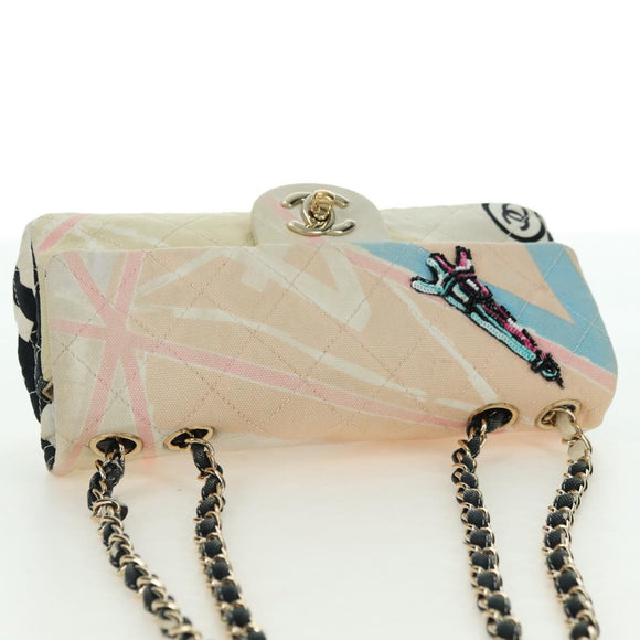 CHANEL Matelasse Chain Shoulder Bag Canvas Beige Gold CC Auth 177326SV