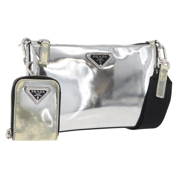 PRADA Shoulder Bag Patent leather Silver Auth 177333A