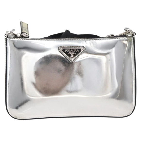 PRADA Shoulder Bag Patent leather Silver Auth 177333A