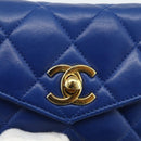 CHANEL Matelasse Pouch Lamb Skin Blue Gold CC Auth 177338-9