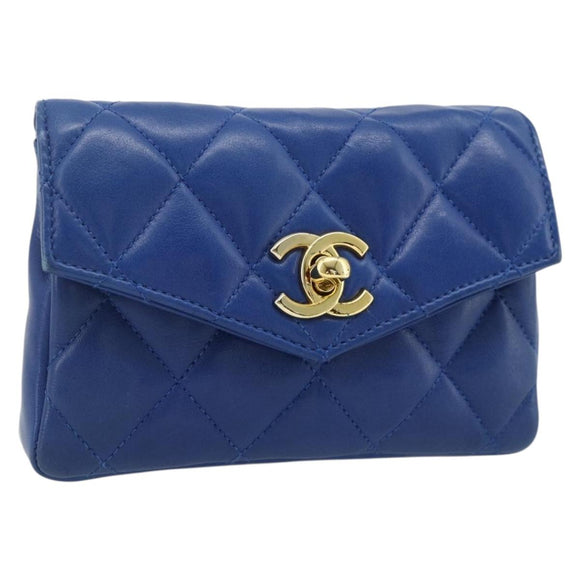 CHANEL Matelasse Pouch Lamb Skin Blue Gold CC Auth 177338