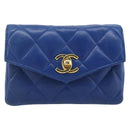 CHANEL Matelasse Pouch Lamb Skin Blue Gold CC Auth 177338-13