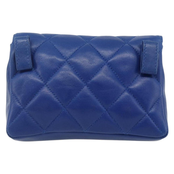 CHANEL Matelasse Pouch Lamb Skin Blue Gold CC Auth 177338