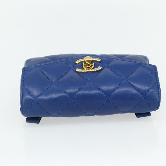 CHANEL Matelasse Pouch Lamb Skin Blue Gold CC Auth 177338