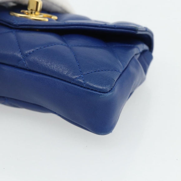 CHANEL Matelasse Pouch Lamb Skin Blue Gold CC Auth 177338