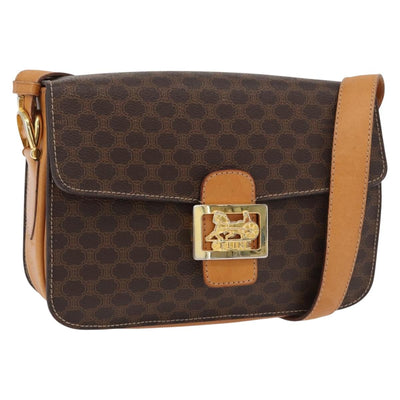 CELINE Macadam Canvas Horse Carriage Bag PVC Leather Brown Gold Auth 177443A