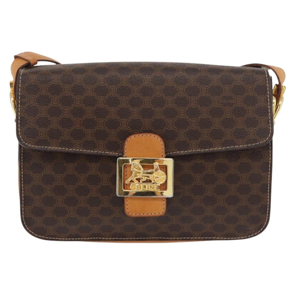 CELINE Macadam Canvas Horse Carriage Bag PVC Leather Brown Gold Auth 177443A