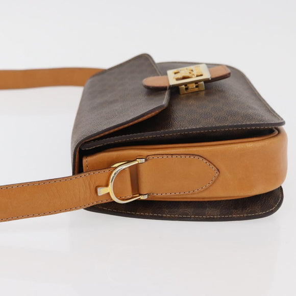 CELINE Macadam Canvas Horse Carriage Bag PVC Leather Brown Gold Auth 177443A