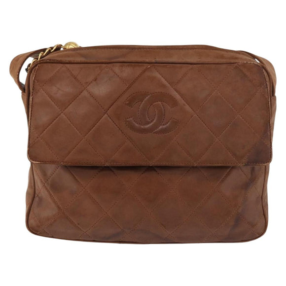 CHANEL Matelasse Chain Shoulder Bag Lamb Skin Brown Gold CC Auth 177452