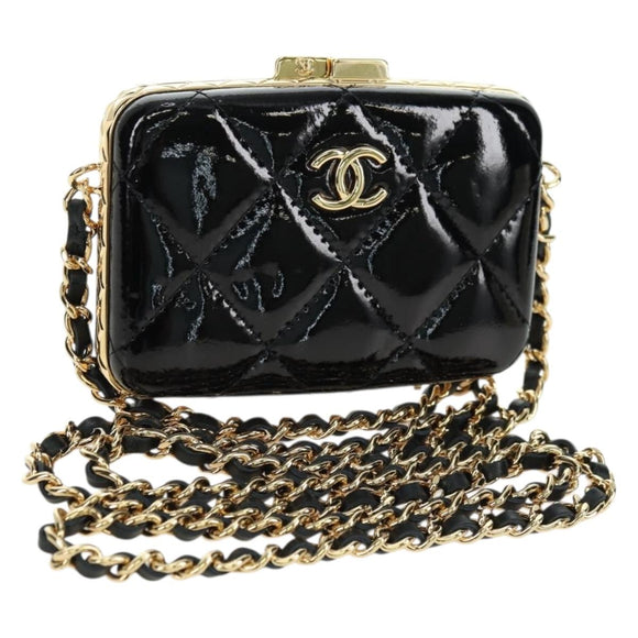 CHANEL Matelasse Chain Shoulder Bag Patent leather Black Gold CC Auth 177455SM