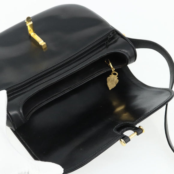 GUCCI Shoulder Bag Leather Black Gold Auth 177470
