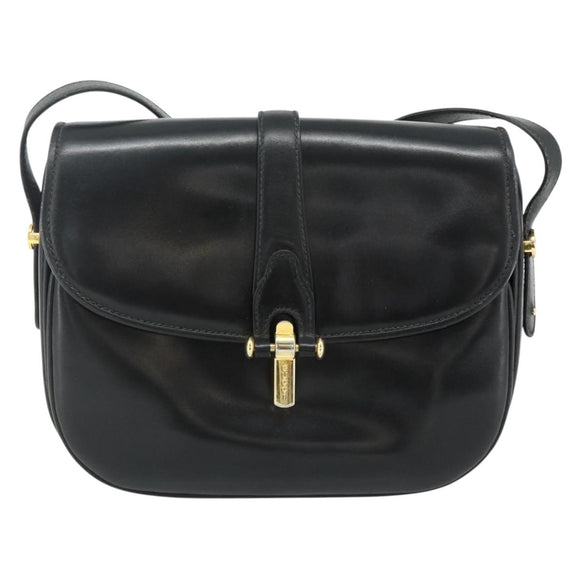 GUCCI Shoulder Bag Leather Black Gold Auth 177470