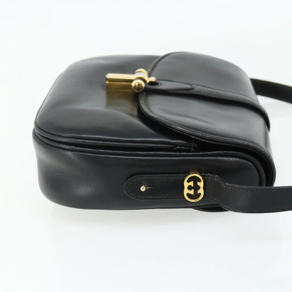 GUCCI Shoulder Bag Leather Black Gold Auth 177470