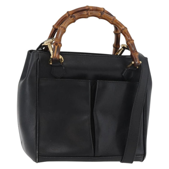 GUCCI Bamboo Hand Bag Leather 2way Black Gold Auth 177474