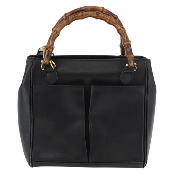 GUCCI Bamboo Hand Bag Leather 2way Black Gold Auth 177474