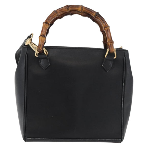GUCCI Bamboo Hand Bag Leather 2way Black Gold Auth 177474