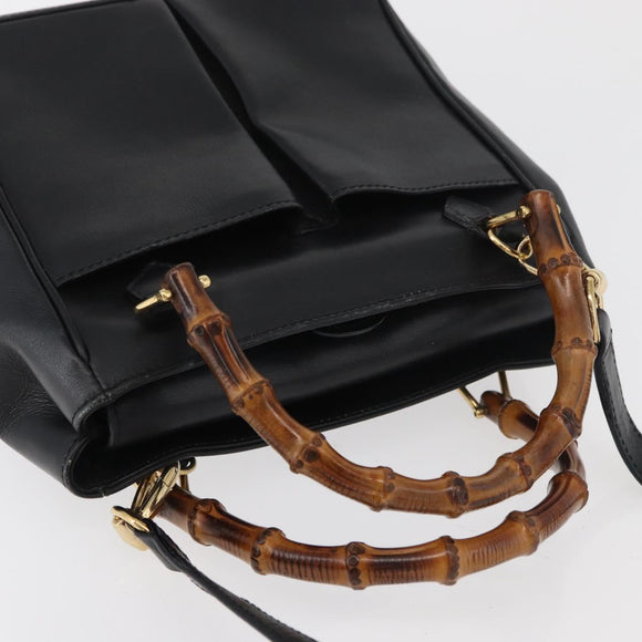 GUCCI Bamboo Hand Bag Leather 2way Black Gold Auth 177474