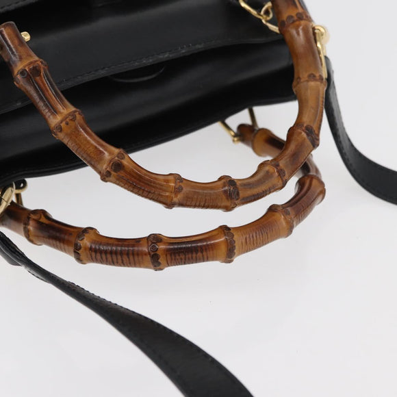 GUCCI Bamboo Hand Bag Leather 2way Black Gold Auth 177474