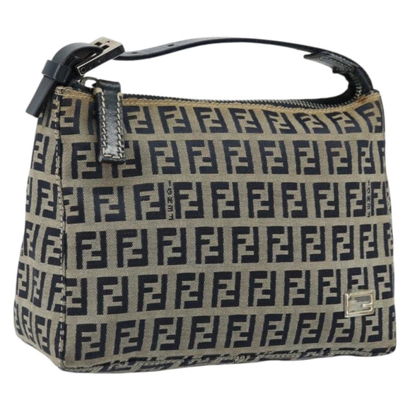 FENDI Zucchino Canvas Hand Pouch Bag Navy Silver Auth 177481
