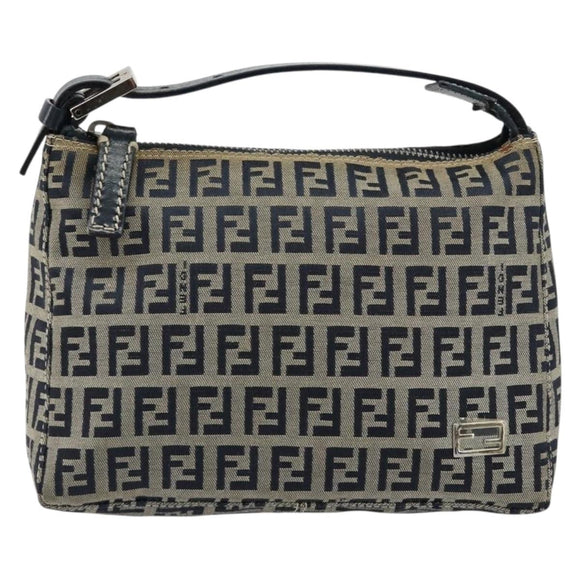 FENDI Zucchino Canvas Hand Pouch Bag Navy Silver Auth 177481