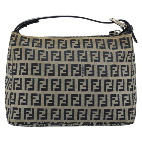 FENDI Zucchino Canvas Hand Pouch Bag Navy Silver Auth 177481