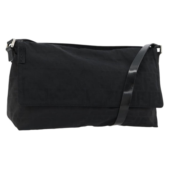 FENDI Zucca Canvas Shoulder Bag Black Silver Auth 177493A