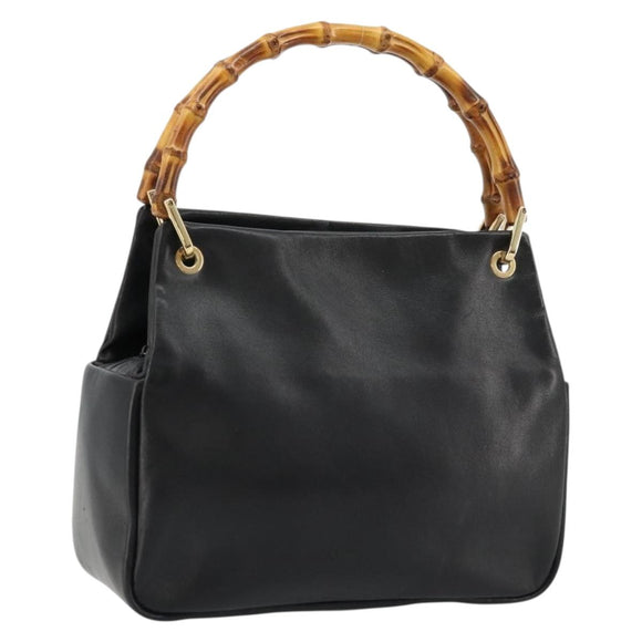 GUCCI Bamboo Hand Bag Leather Black Gold Auth 177513