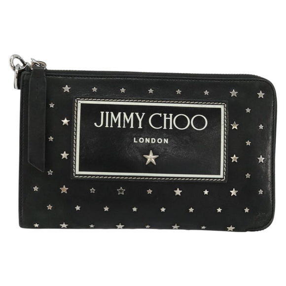 Jimmy Choo Clutch Bag Leather Black Silver Auth 177536