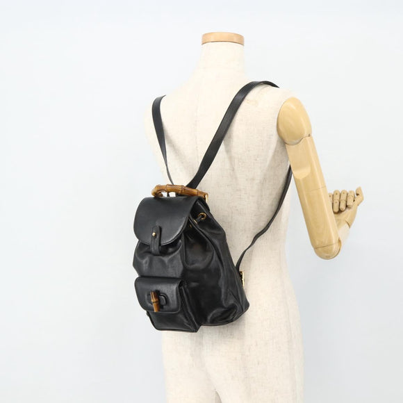GUCCI Bamboo Backpack Leather Black Gold 003 1705 0030 Auth 177547A