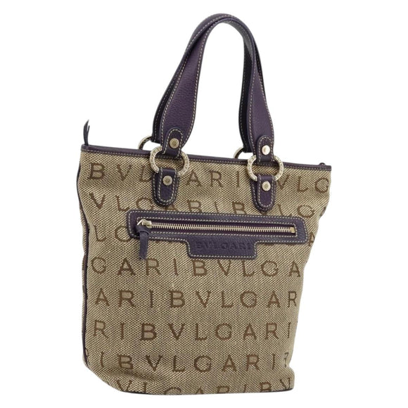 BVLGARI Logo Mania Tote Bag Canvas Beige Gold purple Auth 177564A