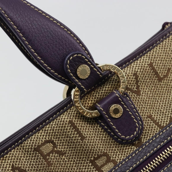 BVLGARI Logo Mania Tote Bag Canvas Beige Gold purple Auth 177564A