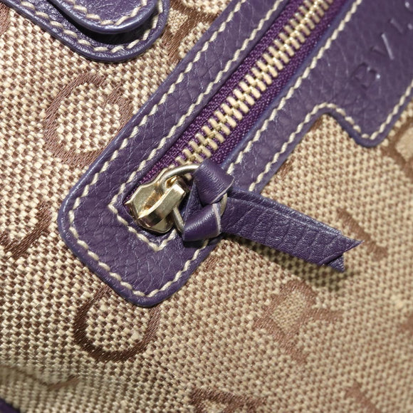 BVLGARI Logo Mania Tote Bag Canvas Beige Gold purple Auth 177564A