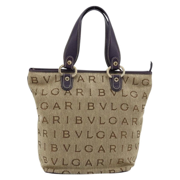 BVLGARI Logo Mania Tote Bag Canvas Beige Gold purple Auth 177564A